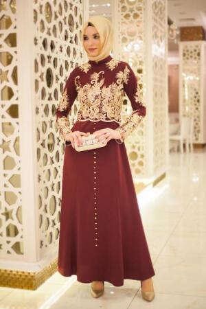 Neva Style - Düğme Detaylı Bordo Tesettür Abiye Elbise 5355BR - 1