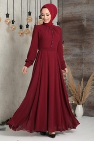 Neva Style - Düğme Detaylı Bordo Tesettür Elbise 2703BR - Thumbnail