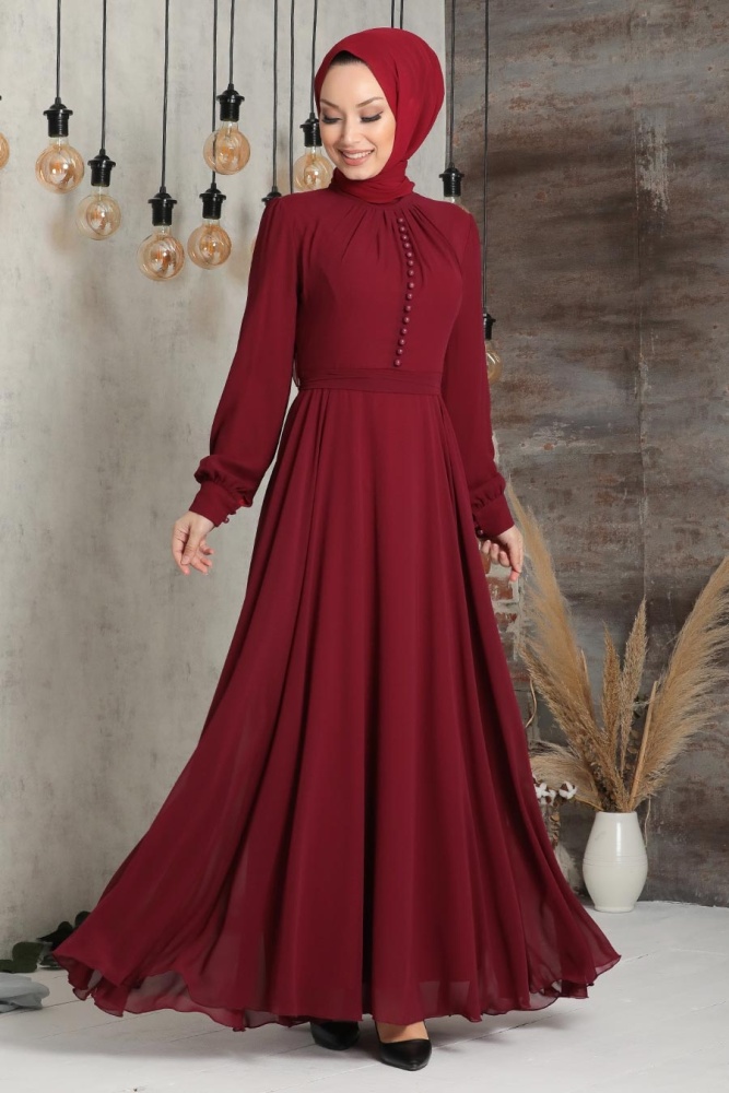 Neva Style - Düğme Detaylı Bordo Tesettür Elbise 2703BR - 1