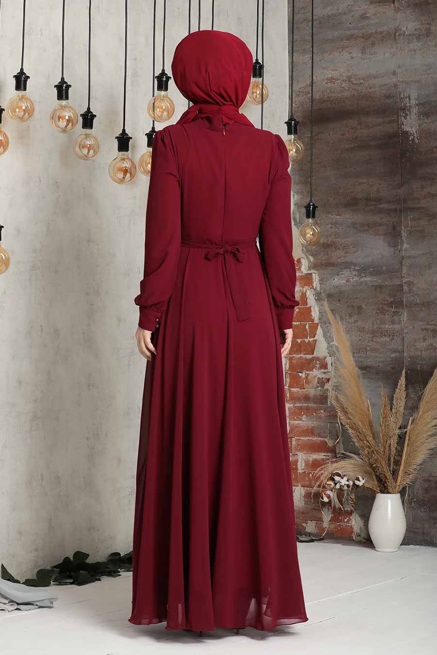 Neva Style - Düğme Detaylı Bordo Tesettür Elbise 2703BR