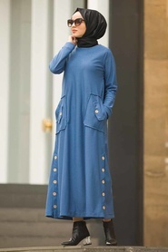 Neva Style - Düğme Detaylı İndigo Mavi Fitilli Kadife Elbise 15101IM - Thumbnail
