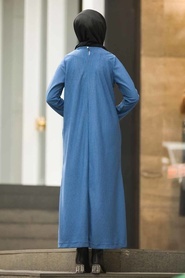 Neva Style - Düğme Detaylı İndigo Mavi Fitilli Kadife Elbise 15101IM - Thumbnail
