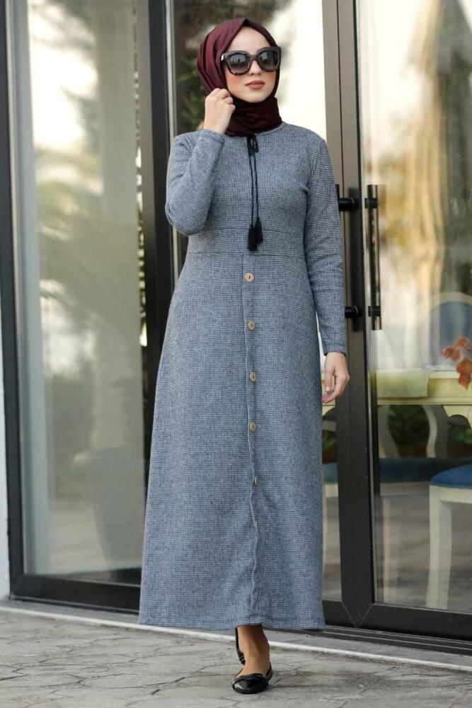 Neva Style - Düğme Detaylı Füme Tesettür Elbise 1179FU - 1