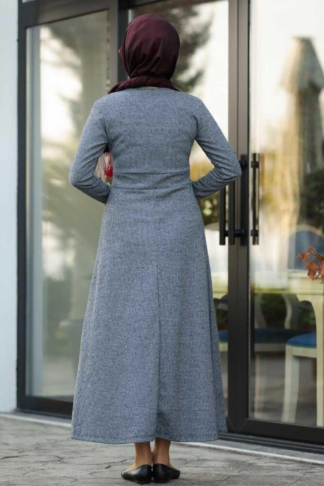 Neva Style - Düğme Detaylı Füme Tesettür Elbise 1179FU - 2