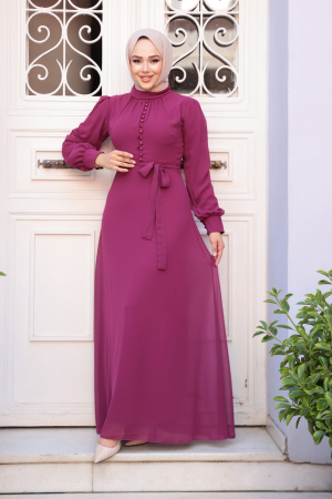 Neva Style - Düğme Detaylı Fuşya Tesettür Elbise 2703F 