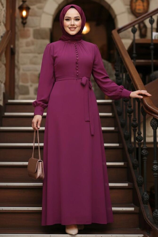  Düğme Detaylı Fuşya Tesettür Elbise 2703F - NEVA STYLE