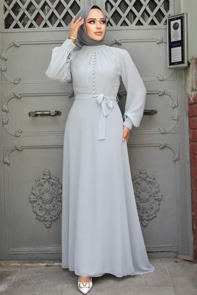 Neva Style - Düğme Detaylı Gri Tesettür Elbise 2703GR - 2