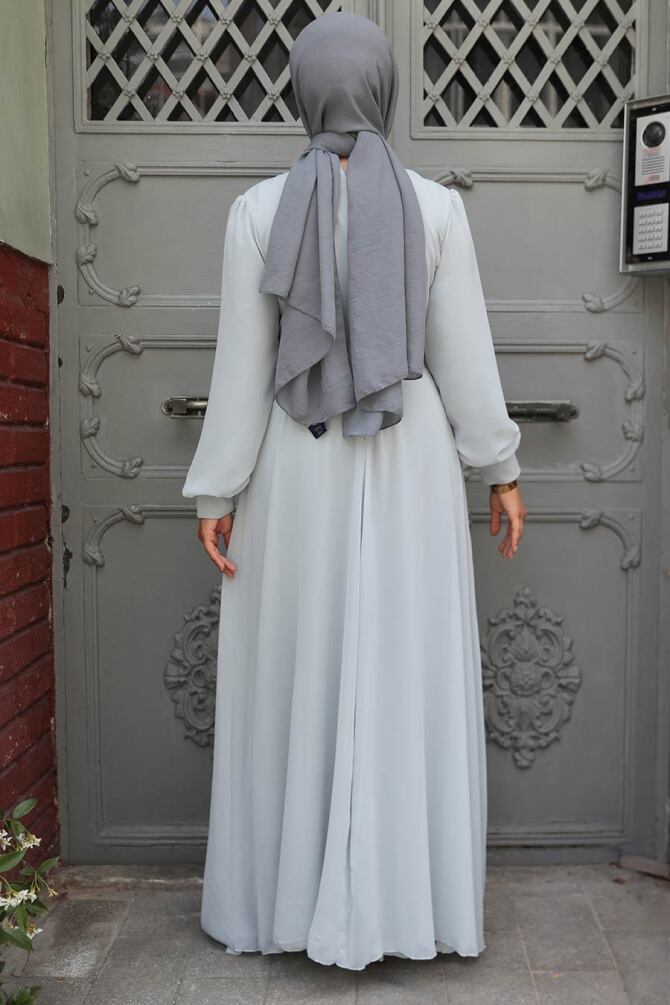 Neva Style - Düğme Detaylı Gri Tesettür Elbise 2703GR - 3