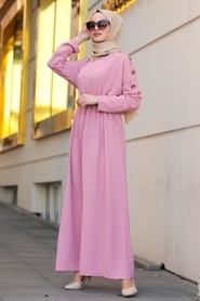 Neva Style - Düğme Detaylı Gül Kurusu Tesettür Elbise 10052GK - Thumbnail