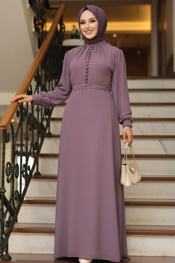 Neva Style - Düğme Detaylı Gül Kurusu Tesettür Elbise 2703GK - 1