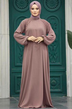  Düğme Detaylı Gül Kurusu Tesettür Elbise 334GK - 1