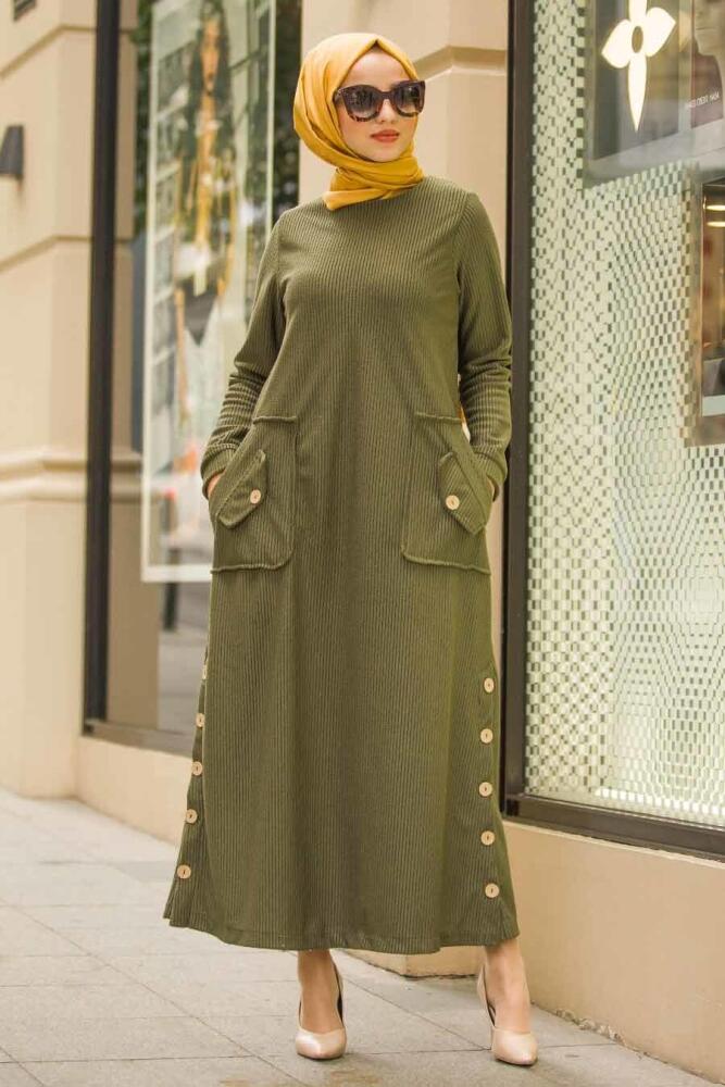 Neva Style - Düğme Detaylı Haki Fitilli Kadife Elbise 15101HK - 1