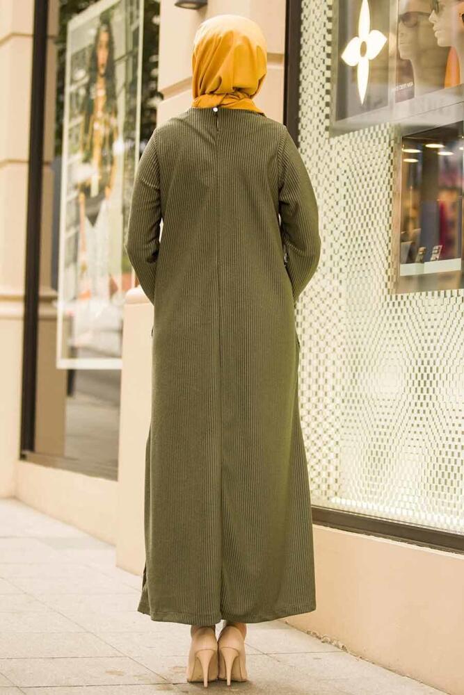 Neva Style - Düğme Detaylı Haki Fitilli Kadife Elbise 15101HK - 2