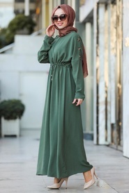 Neva Style - Düğme Detaylı Haki Tesettür Elbise 10052HK - Thumbnail