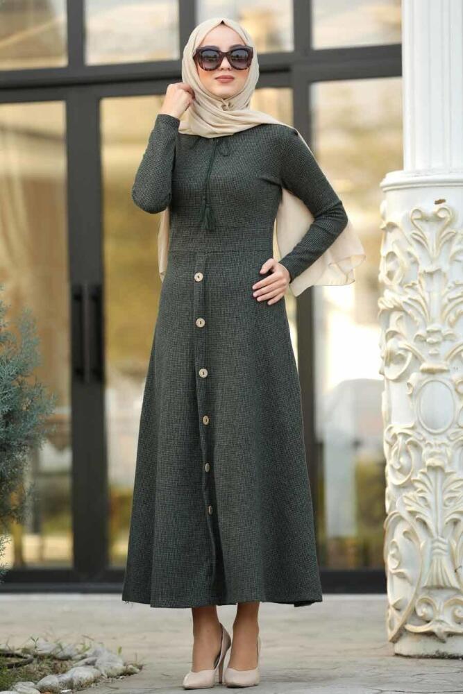 Neva Style - Düğme Detaylı Haki Tesettür Elbise 1179HK - 1