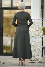 Neva Style - Düğme Detaylı Haki Tesettür Elbise 1179HK - Thumbnail