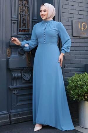 Neva Style - Düğme Detaylı İndigo Mavisi Tesettür Elbise 2703IM 