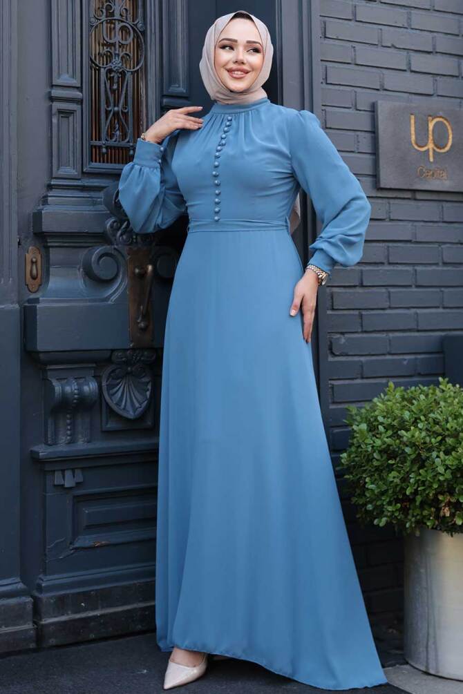 Neva Style - Düğme Detaylı İndigo Mavisi Tesettür Elbise 2703IM - 2