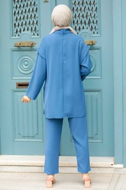 Neva Style - Düğme Detaylı İndigo Mavisi Tesettür İkili Takım 51830IM - Thumbnail