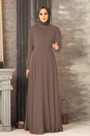 Neva Style - Düğme Detaylı Kahverengi Tesettür Elbise 2703KH 