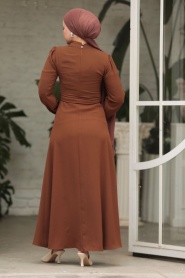 Neva Style - Düğme Detaylı Kahverengi Tesettür Elbise 57453KH - Thumbnail