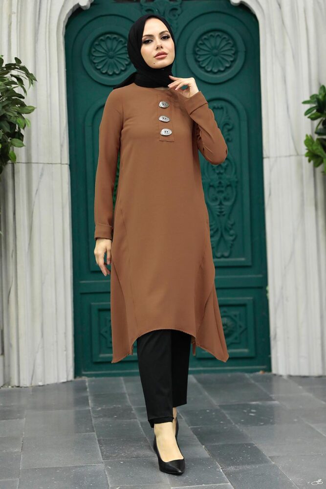 Neva Style - Düğme Detaylı Kahverengi Tesettür Tunik 24471KH - 1