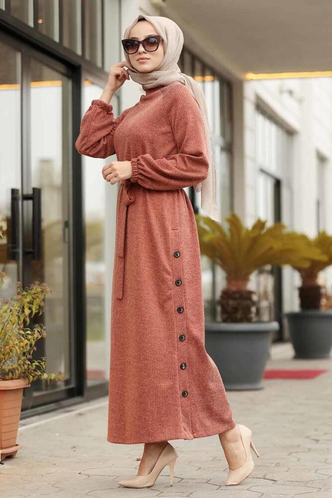 Neva Style - Düğme Detaylı Kiremit Tesettür Elbise 12081KRMT - 1