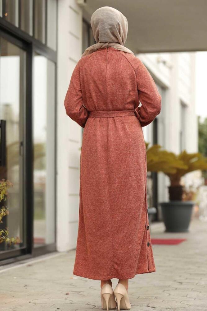 Neva Style - Düğme Detaylı Kiremit Tesettür Elbise 12081KRMT - 2