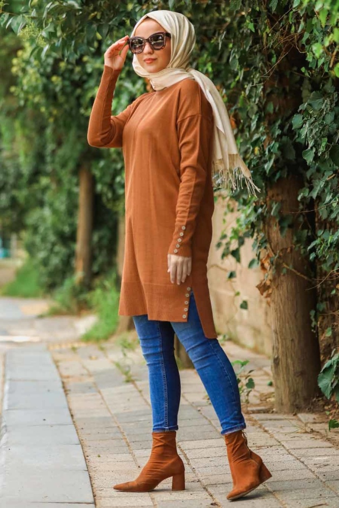 Neva Style - Düğme Detaylı Kiremit Tesettür Triko Tunik 210301KRMT - 1