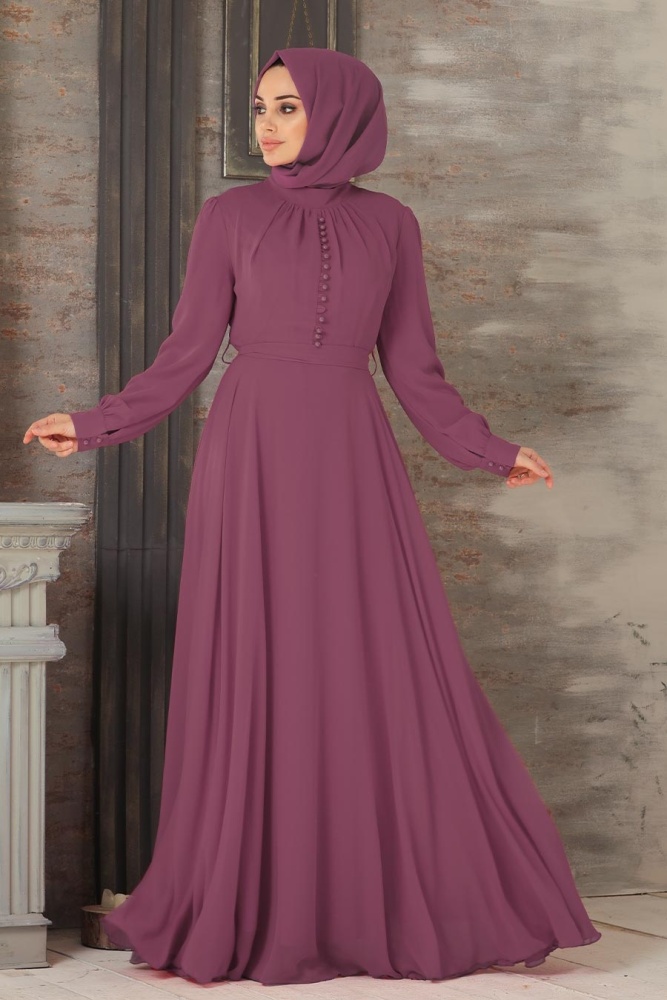 Neva Style - Düğme Detaylı Koyu Gül Kurusu Tesettür Elbise 2703KGK - 1