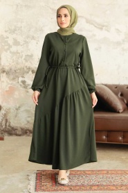 Neva Style - Düğme Detaylı Koyu Haki Tesettür Elbise 5813KHK - Thumbnail