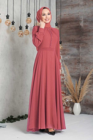 Neva Style - Düğme Detaylı Koyu Somon Tesettür Elbise 2703KSMN 