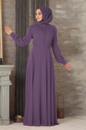 Neva Style - Düğme Detaylı Lila Tesettür Elbise 2703LILA - 1