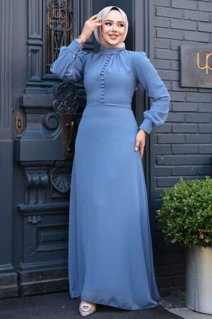 Neva Style - Düğme Detaylı Mavi Tesettür Elbise 2703M - 2