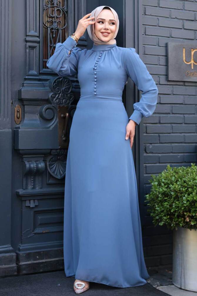 Neva Style - Düğme Detaylı Mavi Tesettür Elbise 2703M - 2