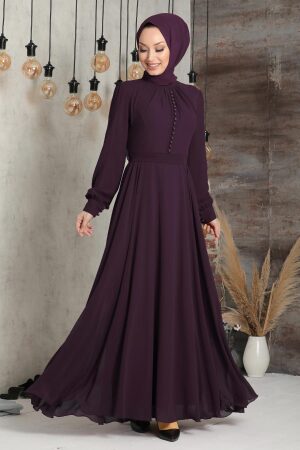 Neva Style - Düğme Detaylı Mürdüm Tesettür Elbise 2703MU 