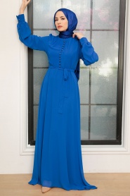Neva Style - Düğme Detaylı Sax Mavisi Tesettür Elbise 2703SX - Thumbnail