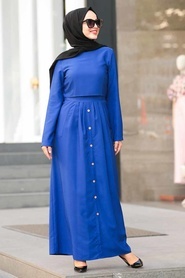 Neva Style - Düğme Detaylı Sax Mavisi Tesettür Elbise 4275SX - Thumbnail
