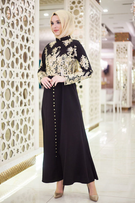 Neva Style - Düğme Detaylı Siyah Tesettür Abiye Elbise 5355S