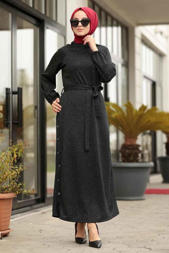 Neva Style - Düğme Detaylı Siyah Tesettür Elbise 12081S - 1