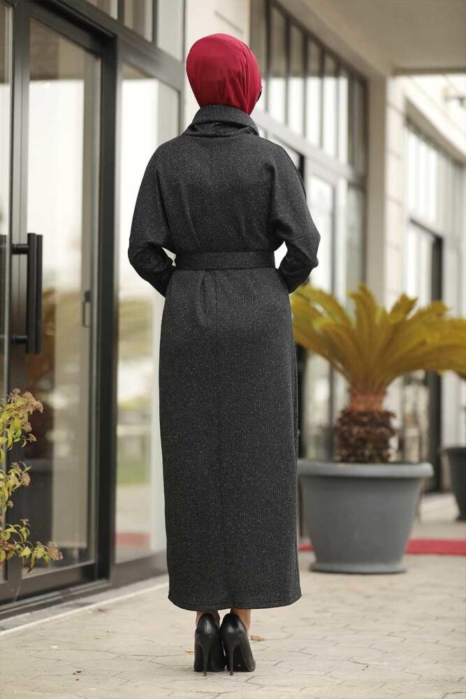 Neva Style - Düğme Detaylı Siyah Tesettür Elbise 12081S - 2