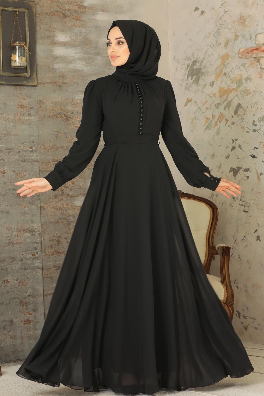 Neva Style - Düğme Detaylı Siyah Tesettür Elbise 2703S