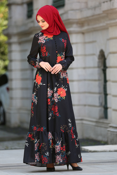 Neva Style - Düğme Detaylı Siyah Tesettür Elbise 41602S