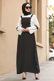 Neva Style - Düğme Detaylı Siyah Tesettür Jile Elbise 10054S - Thumbnail