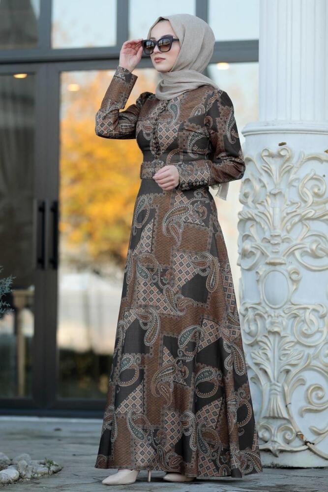 Neva Style - Düğme Detaylı Hardal Tesettür Elbise 22163HR - 1