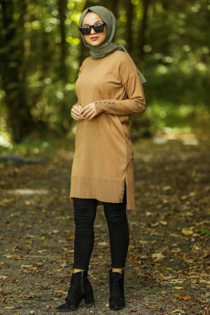 Neva Style - Düğme Detaylı Taba Tesettür Triko Tunik 210301TB - 1