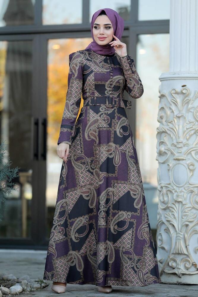 Neva Style - Düğme Detaylı Mürdüm Tesettür Elbise 22163MU - 1