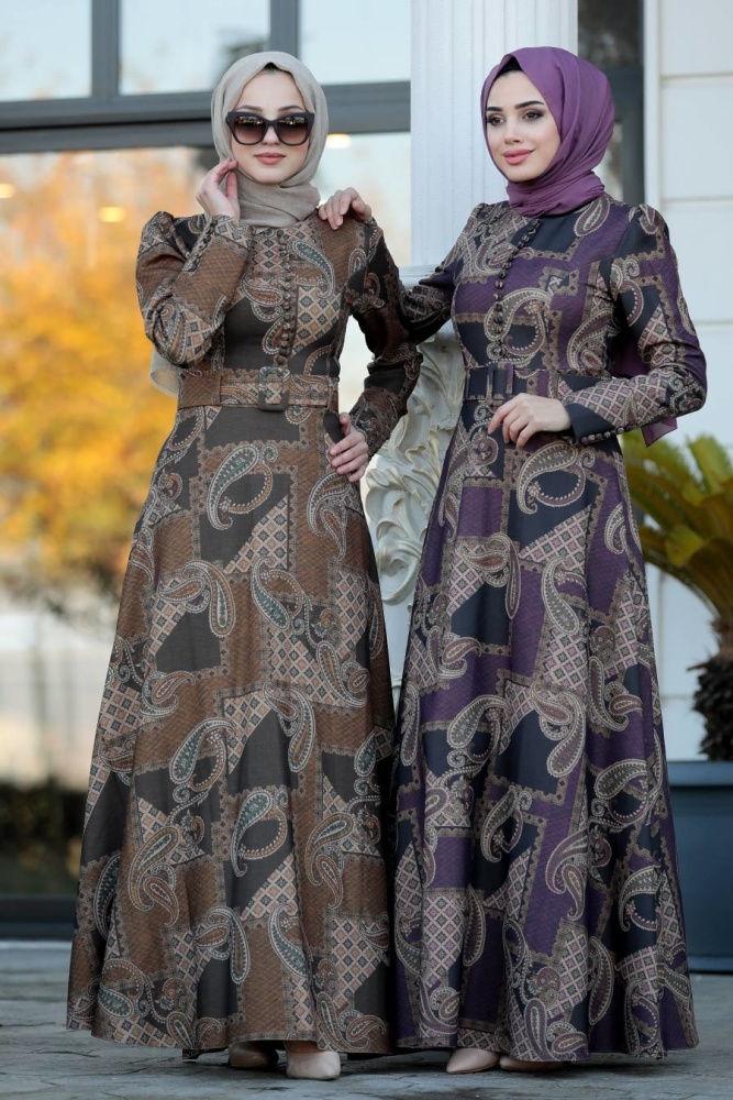Neva Style - Düğme Detaylı Mürdüm Tesettür Elbise 22163MU - 2
