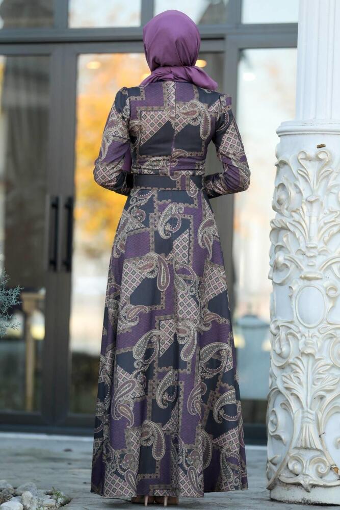 Neva Style - Düğme Detaylı Mürdüm Tesettür Elbise 22163MU - 3