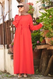 Neva Style - Düğme Detaylı Turuncu Tesettür Elbise 8021T - Thumbnail